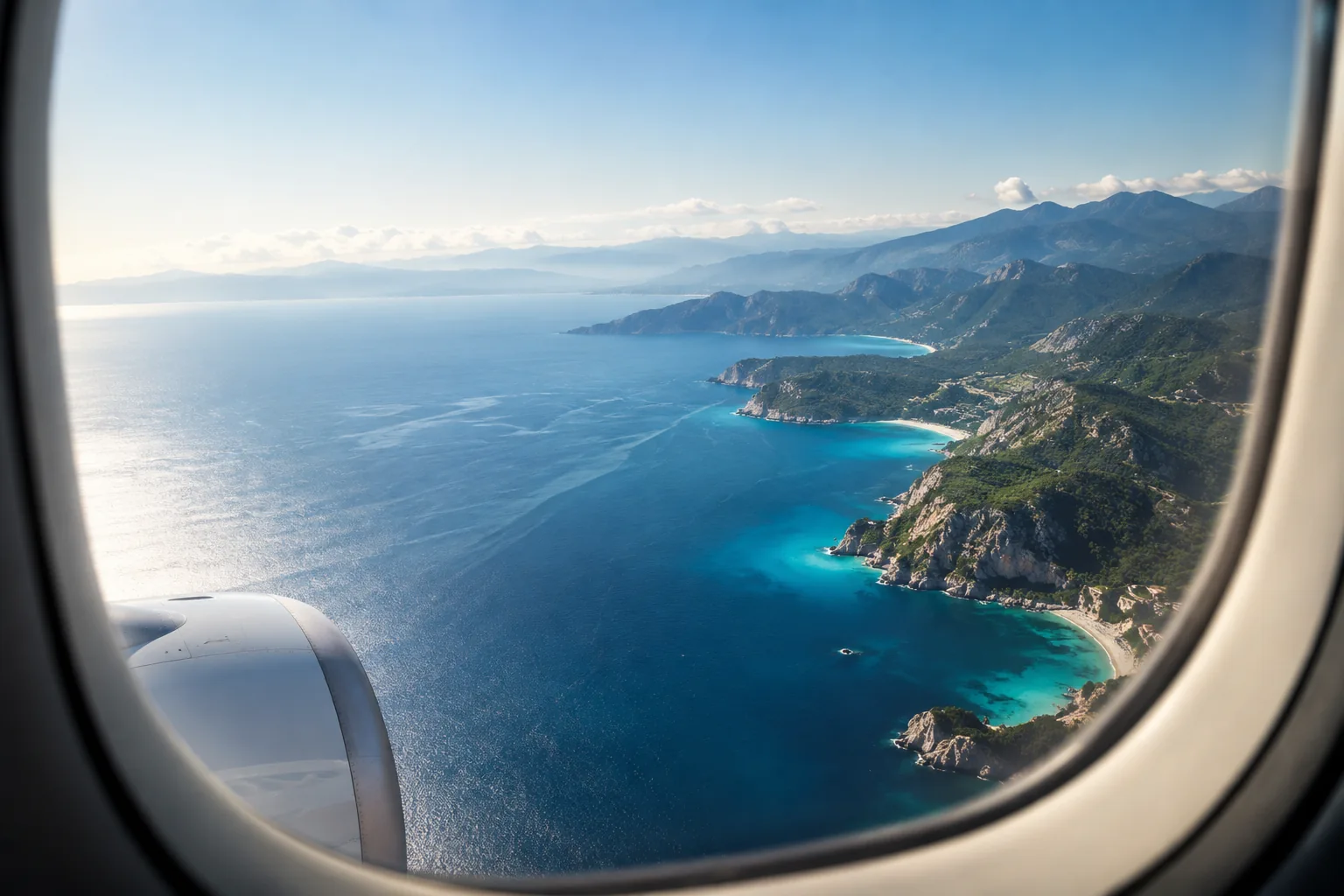 Vue de voyage depuis un hublot, au-dessus d’une côte